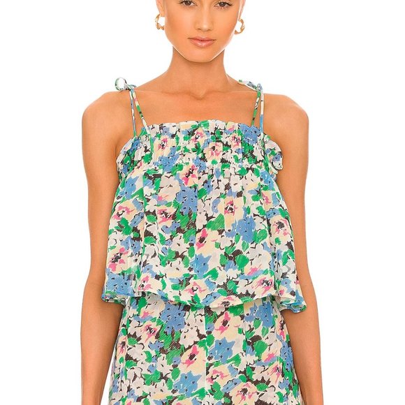 GANNI Light Cotton Tank In Floral Azure Blue - Picture 1 of 6